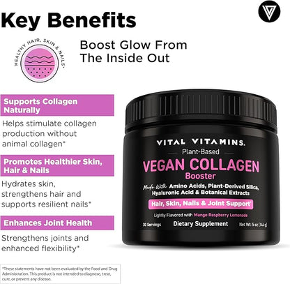 Vital Vitamins Vegan Collagen Booster Powder - Made with Amino Acids, Silica, Hyaluronic Acid, & Botanical Extracts - Plant-Based - Mango Raspberry Lemonade Flavor - Hair, Skin, Nails - 30 Servings