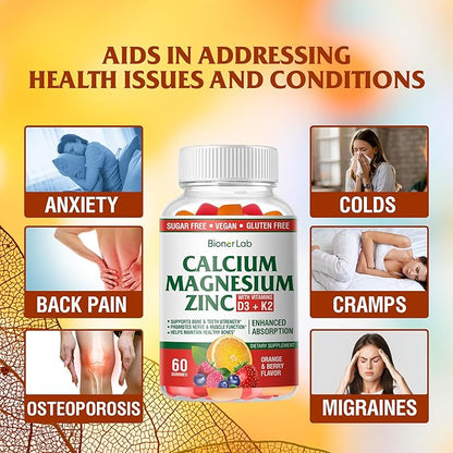 BionerLab Calcium Magnesium Zinc Gummies with Vitamin D3 & K2 - High Potency Enhanced Absorption - Orange and Berry Flavored