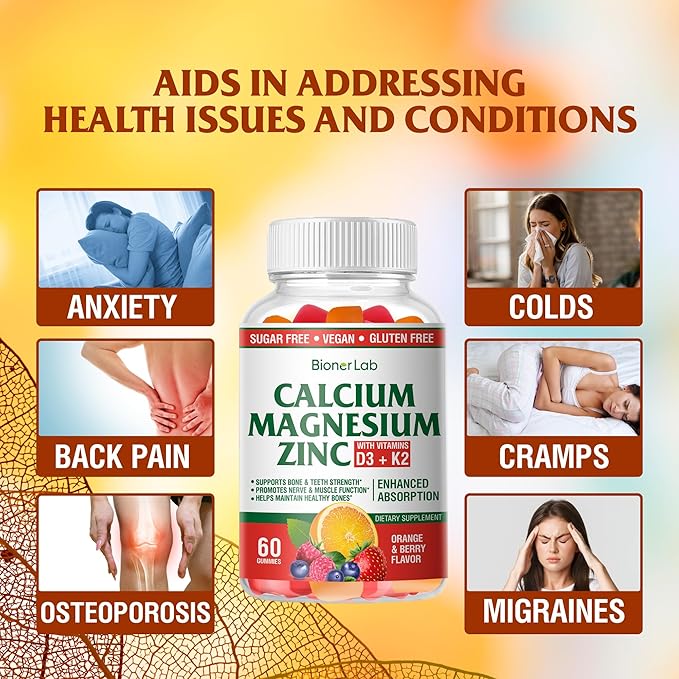 BionerLab Calcium Magnesium Zinc Gummies with Vitamin D3 & K2 - High Potency Enhanced Absorption - Orange and Berry Flavored