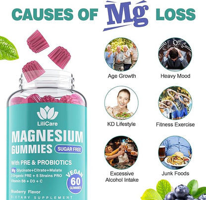Magnesium Complex Gummies 400 mg for Women Men with Prebiotics and Probiotics, Triple Calm Magnesium Glycinate Malate Citrate Gummy Supplement for Relaxation & Digestive Health-Sugar Free, Vegan 120ct