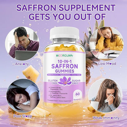 Saffron Gummies for Adult Kids, 10-IN-1 Cortisol Support Supplement with Saffron 88.5mg, Vitamin D3, B6, Magnesium, Zinc, Ashwagandha, L-Theanine, St. John's Wort, For Emotions, Slumber, 60 Count