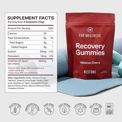 For Wellness Recovery Gummies Restore | Tart Cherry Energy Supplements with Electrolytes for Muscle Soreness, Post-Workout Performance & Recovery | Vegan, Non-GMO, 30 Count