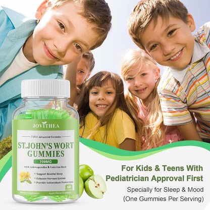 St John's Wort Gummies 700mg, Natural Herbal Supplement for Adults & Kids, Support Calm, Relaxation & Brain Health, Vegan, Non-GMO, Gluten Free, Apple Flavor, 60 Count