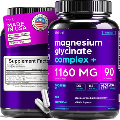 Magnesium Glycinate 1160mg + Aloe Vera, D3 & K2 Complex 90 Capsules - High Absorption, Non-Laxative - Supports, Muscle Function & Healthy Metabolism Chelated Formula