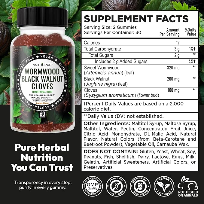 NutraPep Wormwood Black Walnut & Cloves Gummies - Gut Health Immune Support & Natural Detox Cleanse Traditional Herbal Supplement - Vegan Gluten-Free Non-GMO Orange Flavor 60 Gummies