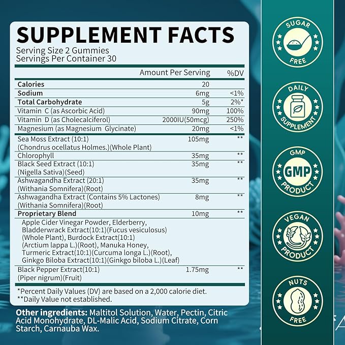 Sea Moss Gummies with Ashwagandha & Chlorophyll, Immune, Digestive and Gut Detox Support, Powered by Black Seed Oil, Vitamin C, Vitamin D & Magnesium, GMO, Vegan, Apple Flavor, 120 SeaMoss Gummies