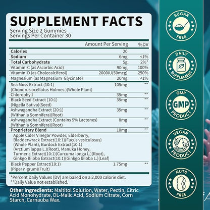 Sea Moss Gummies with Ashwagandha & Chlorophyll, Immune, Digestive and Gut Detox Support, Powered by Black Seed Oil, Vitamin C, Vitamin D & Magnesium, GMO, Vegan, Apple Flavor, 120 SeaMoss Gummies