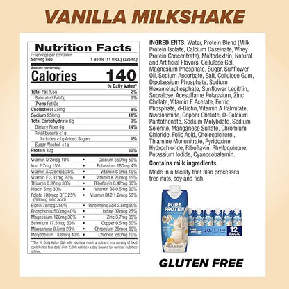 Pure Protein Vanilla Protein Shake,30g Complete-Protein,Vitamins A,C,D,and E plus Zinc to Support Immune Health,Ready to Drink and Keto-Friendly,11oz Bottles,(Pack of 24)