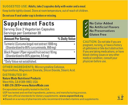 Nature Made Extra Strength Turmeric Curcumin with Black Pepper, 1000mg Turmeric Extract per serving (Standardized to 95% Curcuminoids), Supports Healthy Inflammation Response, 60 Vegetarian Capsules