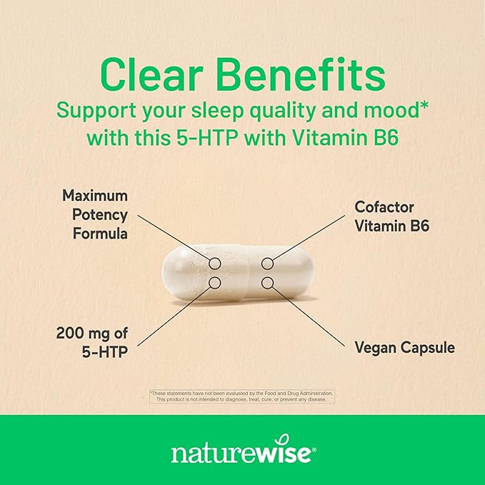 NatureWise 5-HTP 200mg Supplement from Griffonia Seeds with Cofactor Vitamin B6 - Mood Support and Natural Sleep Aid for Adults - Delayed-Release, Vegan - 60 Count[2-Month Supply]