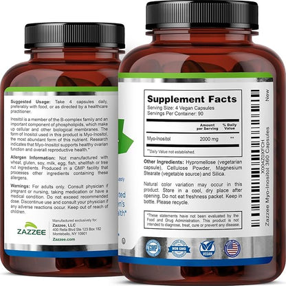 Zazzee Myo-Inositol Capsules, 2000 mg per Serving, 360 Vegan Capsules, Ideal Dosage for 40:1 Ratio, Kosher, 100% Vegetarian, Hormone Balance & Healthy Ovarian Function Support, All-Natural and Non-GMO