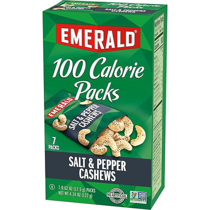 Emerald Nuts, Salt & Pepper Cashews, 100 Calorie Packs, 7 Count, 4.34 Oz (Pack of 4)