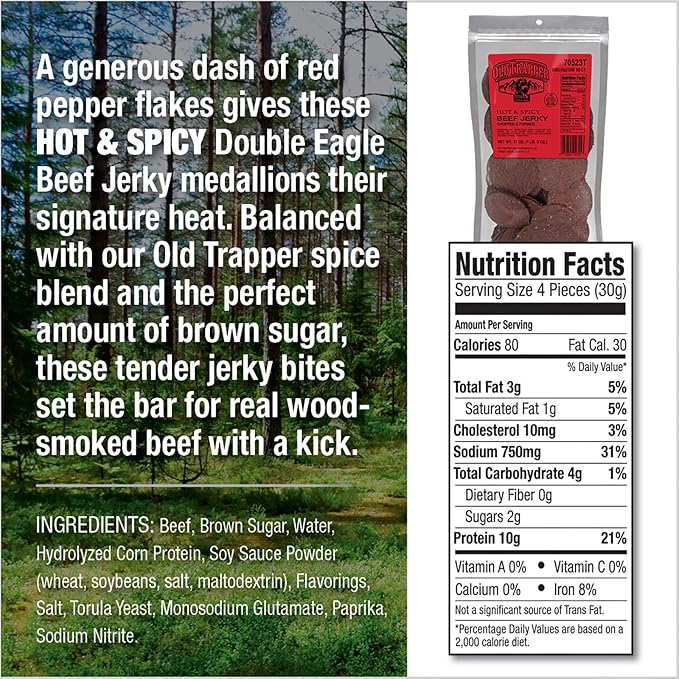 Old Trapper Double Eagle Beef Jerky,Hot & Spicy Flavor,21 Ounce Package,Natural Wood Smoked Meat Snacks,10 Grams Protein and 80 Calories per Serving,(Pack of 2)