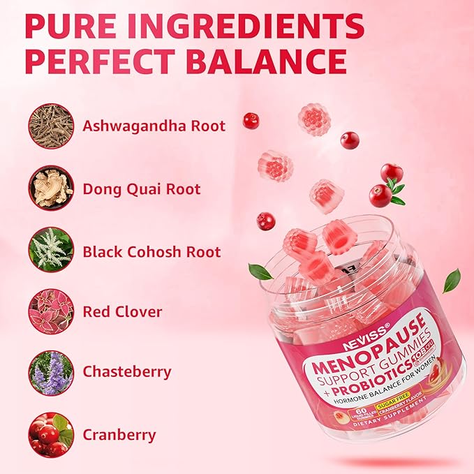 Menopause Gummies Supplement for Women w/ Red Clover, Black Cohosh for Hot Flashes, Menopause Support Vitamins + Ashwagandha Probiotics, Over 50 Hormone Support Balance Gummies Sugar Free, Vegan 60ct