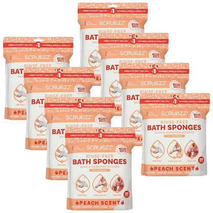 Scrubzz Disposable No Rinse Bathing Wipes for Sensitive Skin - All-in-1 Single Use Shower Wipes, Simply Dampen, Lather, and Dry Without Shampoo or Rinsing (Peach, 8-Pack)