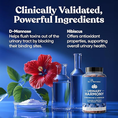 Eu Natural Urinary Harmony D-Mannose Supplement - Urinary Tract Health for Women - Fast-Acting Urinary Cleanse & Flush with Clinical-Strength D-Mannose & Hibiscus - 60 Capsules