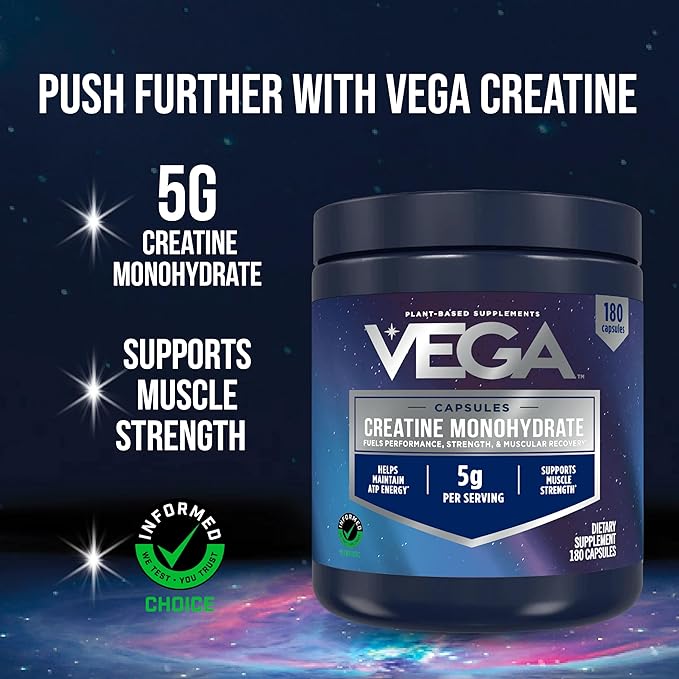 Vega Creatine Monohydrate Capsules, 5g Micronized Creatine Powder per Serving, for Lean Muscle, Support Cognitive Function, Pure, Unflavored, Sugar Free, 180 Pills (30 Servings)