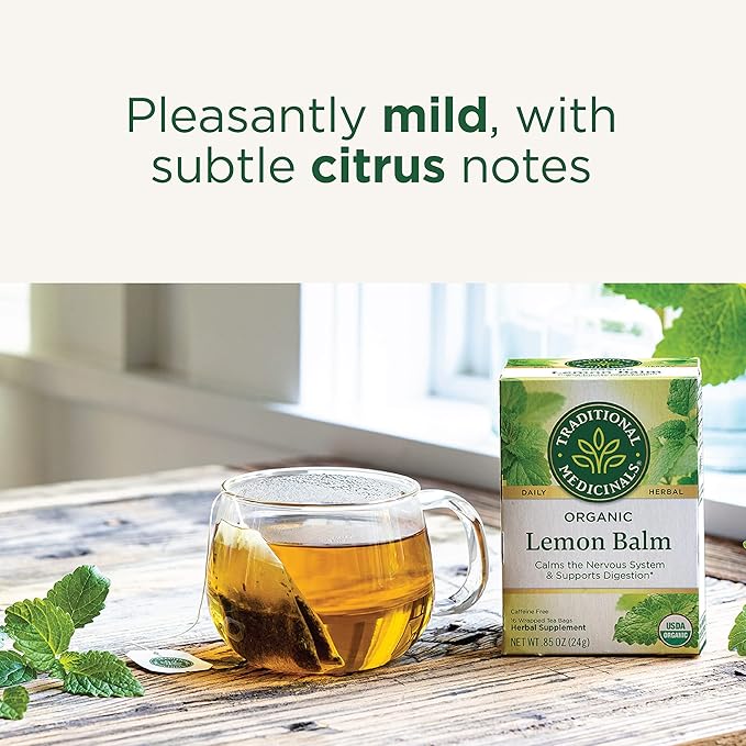 Traditional Medicinals Organic, Lemon Balm - Supports Stress Relief & Digestive Health - Kosher, Non-GMO, Caffeine-Free, Compostable - 16 Tea Bags