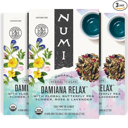 Numi Organic Damiana Relax Herbal Tea – 48 Herbal Tea Bags – Calming Damiana Blend for Gentle Relaxation Emotional Ease & Stress Relief