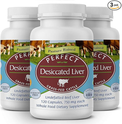 Perfect Supplements – Perfect Desiccated Liver – 120 Capsules – Undefatted Beef Liver – Natural Source of Protein, Iron, Vitamins A & B – 3 Pack