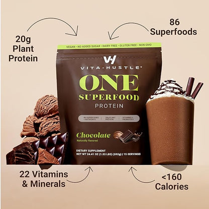 VitaHustle ONE Vegan Chocolate Protein Powder - 20g Plant Protein Meal Replacement with 86+ Superfoods & Greens, Probiotics + No Bloat Digestive Blend - Dairy Free, Gluten Free (15 Servings)