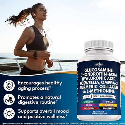Glucosamine Chondroitin, MSM, Turmeric Curcumin, Collagen, Hyaluronic Acid, Omega 3 – Joint Health Supplement for Men & Women – 120 Count