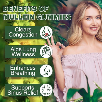 Mullein Gummies for Lungs, Mullein Extract for Smokers - Support Lung & Respiratory Health, Soothes Throat Irritation, Boost Immune - Mullein Leaf Extract for Lungs, Breathe Easier - 60pcs