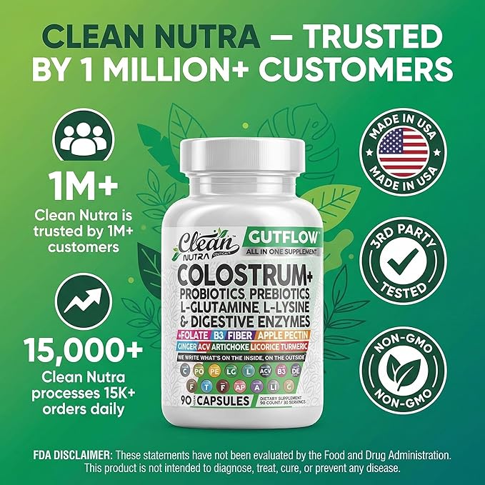 Clean Nutraceuticals Colostrum Supplement Capsules Probiotics Pills Prebiotics, L-Glutamine, Digestive Enzymes, Folate, Fiber, ACV, Turmeric, Apple Pectin and Turmeric Pills