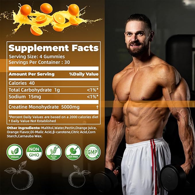 Creatine Monohydrate Gummies for Men & Women-5g of Creatine Monohydrate per Serving - Sugar Free,Vegan, Orange Flavor, 120 Count