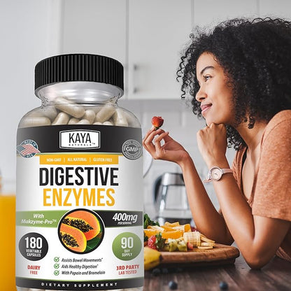 Kaya Naturals Digestive Enzymes with Prebiotics & Probiotics - Constipation & Bloating Relief - Weight Management Pills for Women & Men - Aids Immune Function - 180 Veggie Capsules