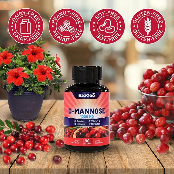 D-Mannose Supplement – 1000mg Capsules with Cranberry, Vitamin C, Hibiscus & Dandelion Extract, Support Urinary Health, D Mannose & Cranberry Capsules, 90 Count(Pack of 2)