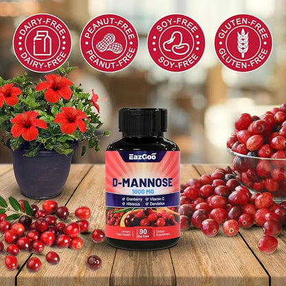 D-Mannose Supplement – 1000mg Capsules with Cranberry, Vitamin C, Hibiscus & Dandelion Extract, Support Urinary Health, D Mannose & Cranberry Capsules, 90 Count(Pack of 2)