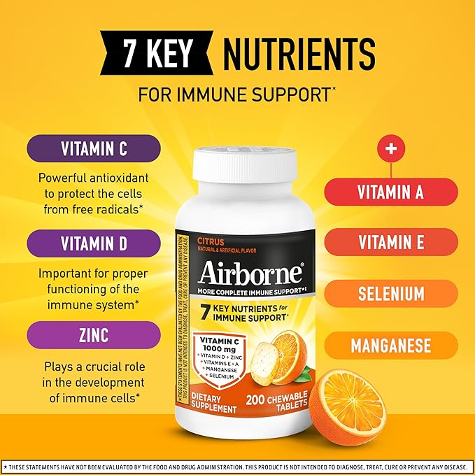 Airborne 1000mg Vitamin C with D and Zinc, Multivitamin Immune Support Supplement with Antioxidants A, C, and E, 200 Chewable Tablets, Citrus Flavor,(Pack of 2)