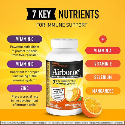 Airborne 1000mg Vitamin C with D and Zinc, Multivitamin Immune Support Supplement with Antioxidants A, C, and E, 200 Chewable Tablets, Citrus Flavor,(Pack of 2)
