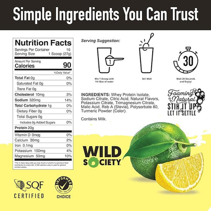 WILD SOCIETY - Clear Protein Powder + Electrolytes - 20g Clear Whey Protein Isolate Drink - Zero Sugar - 0g Lactose - Natural Flavors & Colors - Muscle Post Workout Recovery - Lemon Lime, 16 oz