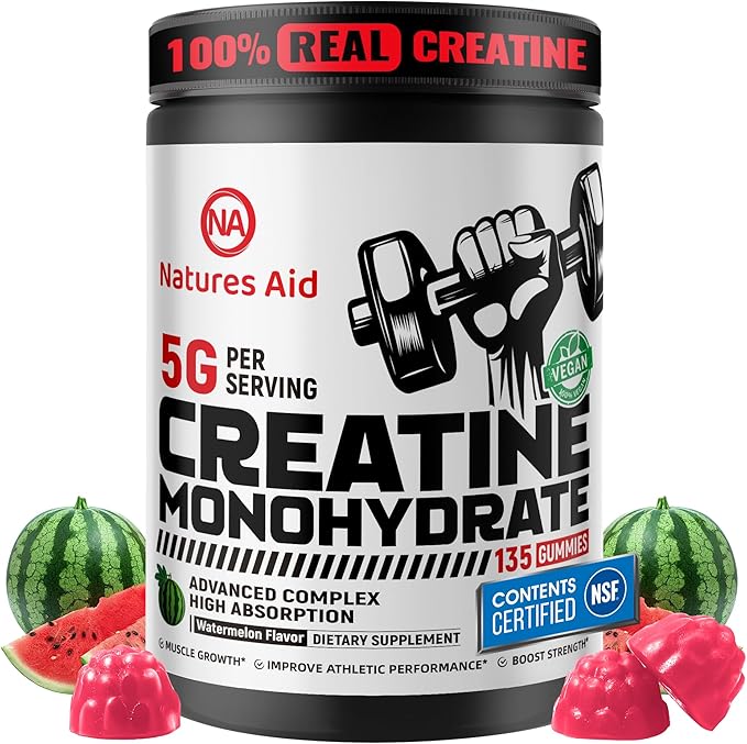Natures Aid NSF Certified Creatine Gummy 5g - Creatine Monohydrate Gummies – Pre-Workout Energy & Muscle Growth Support for Men & Women | Watermelon Electrolyte Gummies (135 Count)