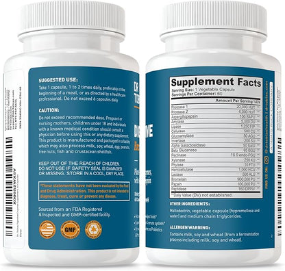Dr. Tobias Digestive Enzymes Digestion Supplement with 18 Enzymes for Digestion and Gut Health | Includes Amylase Bromelain Lipase Lactase Protease Papain & More (60 Capsules 30 Servings)