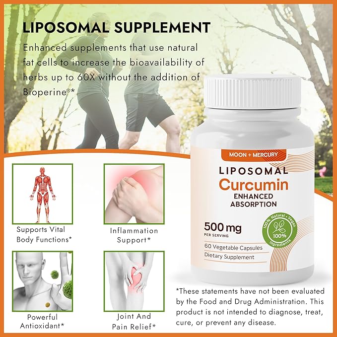 Liposomal Turmeric Curcumin Supplement - High Absorption Capsules for Immune & Joint Support - Non-GMO, No Fillers, No Additives, No Black Pepper - 500mg Per Serving - 60 Capsules