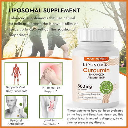 Liposomal Turmeric Curcumin Supplement - High Absorption Capsules for Immune & Joint Support - Non-GMO, No Fillers, No Additives, No Black Pepper - 500mg Per Serving - 60 Capsules