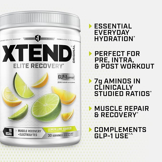 Xtend Original BCAA Powder, 7g BCAAs and 2.5g L-Glutamine for Muscle Recovery Hydration and Lean Muscle, Sugar Free Intra and Post Workout Drink with Electrolytes, Lemon Lime Squeeze, 30 Servings