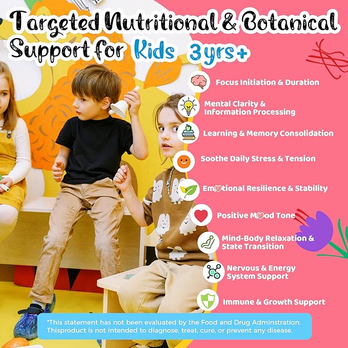 Q'ankyaq Kids Saffron Gummies, Saffron Supplements for Kids (3 yrs+), Focus and Memory Gummiess, Mood Balance with Rosemary, Passion Flower Extract, Chamomile Extract, Sugar-Free, Vegan, 60 Counts