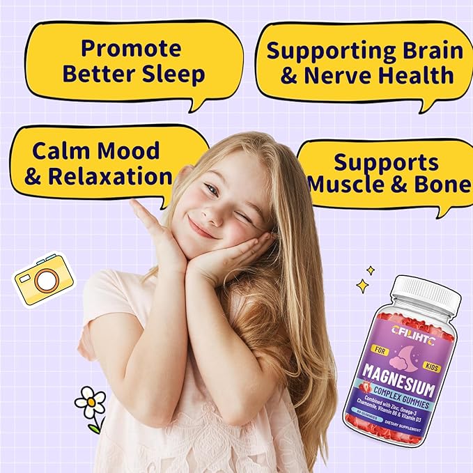Kids Magnesium Gummies-Magnesium Glycinate Gummies for Kids Supplement-w/Zinc, Chamomile, Omega-3, Vitamin B6, D3 - for Sleep, Relaxation, Brain, Bones, Children's Calm, Sugar Free, 2 Pack Strawberry