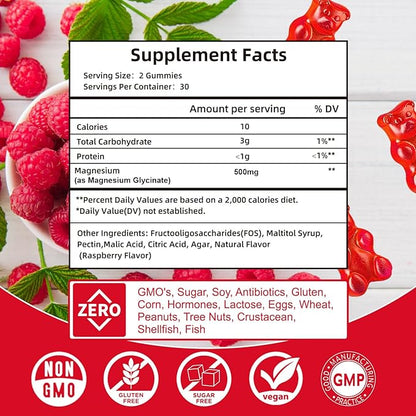 Magnesium Glycinate Gummies 500mg | Relaxation Calm Magnesium Gummies | Sugar-Free | Non-GMO | Gluten-Free | Vegan-Friendly for Adults & Kids (60 Raspberry Gummies)