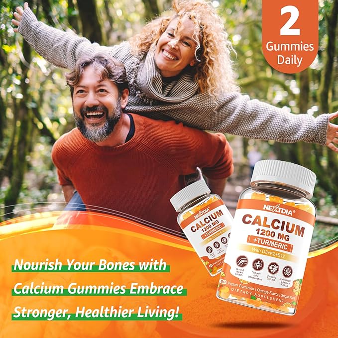 Calcium Gummies with Turmeric for Women & Men - Calcium 1200mg with Vitamin D3 K2 B12 5000 IU & Zinc, Suger-Free Calcium Supplement for Bone, Muscle Strength & Immune Support - Vegan(60 Count)