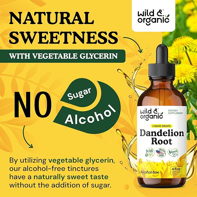 Wild & Organic Dandelion Root Extract Drops - Liver Cleanse Detox - Herbal Dandelion Tincture - Liver Support Supplement - Add to Tea - Vegan, Sugar & Alcohol-Free Liquid Drops - 4 fl oz