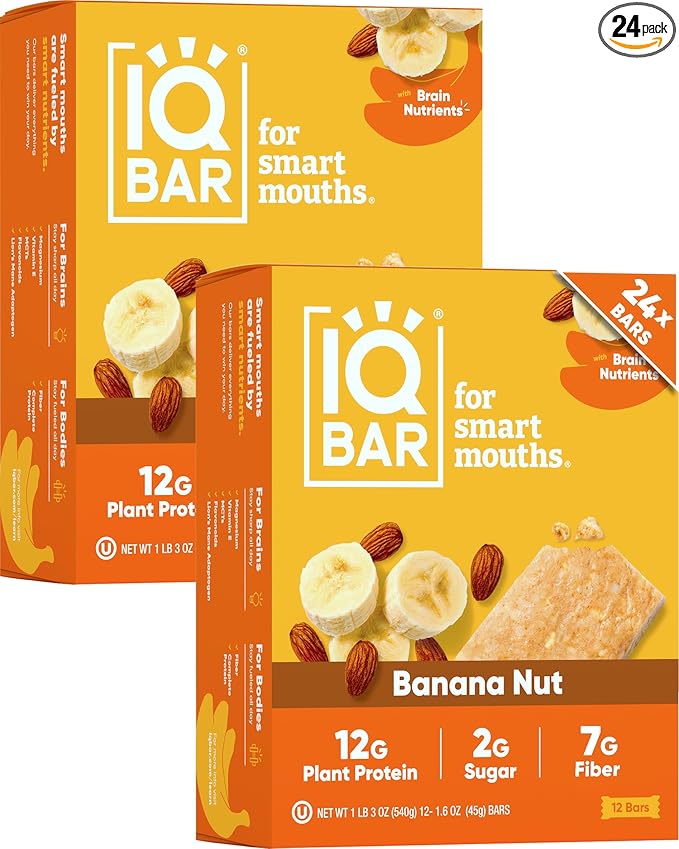 IQBAR Clean Plant Protein Bars - Banana Nut - 24 Count - Keto, Vegan, High Fiber, Gluten and Dairy Free, Low Sugar Snack - Brain and Body Nutrients for Focus, Energy, Meal Replacement