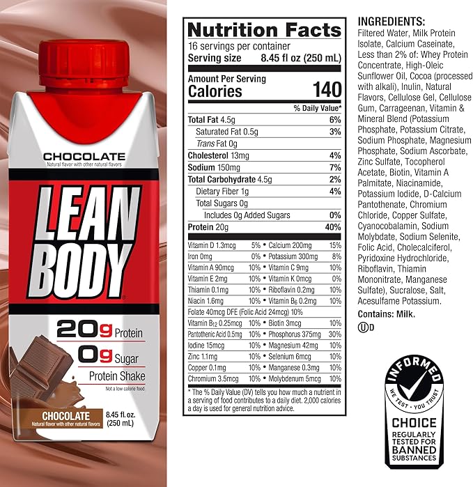 Lean Body Ready-to-Drink Chocolate Protein Shake, 20g Protein, Whey Blend, 0 Sugar, Gluten Free, 22 Vitamins & Minerals, (Recyclable Carton & Lid - Pack of 4)
