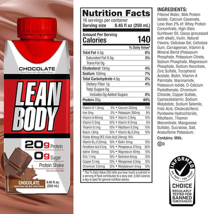 Lean Body Ready-to-Drink Chocolate Protein Shake, 20g Protein, Whey Blend, 0 Sugar, Gluten Free, 22 Vitamins & Minerals, (Recyclable Carton & Lid - Pack of 4)