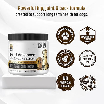PetriGuard | Advanced Hip, Back & Joint Supplement for Dogs | Ultra Strength Formula w/ 8 Active Ingredients | USA Made & Veterinarian Approved | Glucosamine, Turmeric, MSM + 5 More - 120 Chews