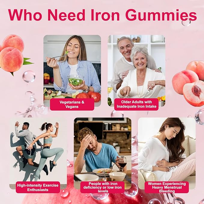 2 Pack Iron Supplement Gummies for Women & Men - Iron Gummies with Folate Vitamin C B12 B6 Zinc, Peach Flavor, Vegan 120 Gummies